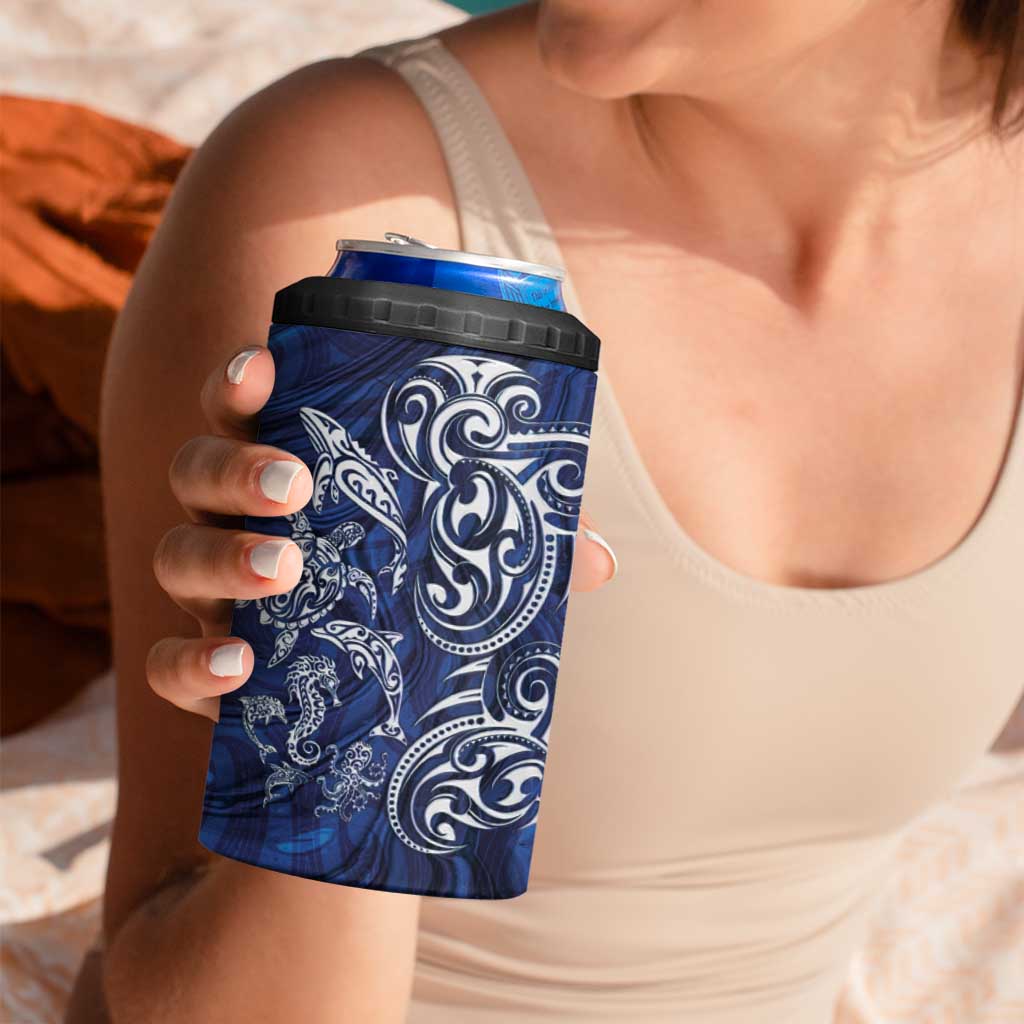 New Zealand Connecting with Seas 4 in 1 Can Cooler Tumbler Maori Tribal and Sea Animals Tattoo - White Glass Style