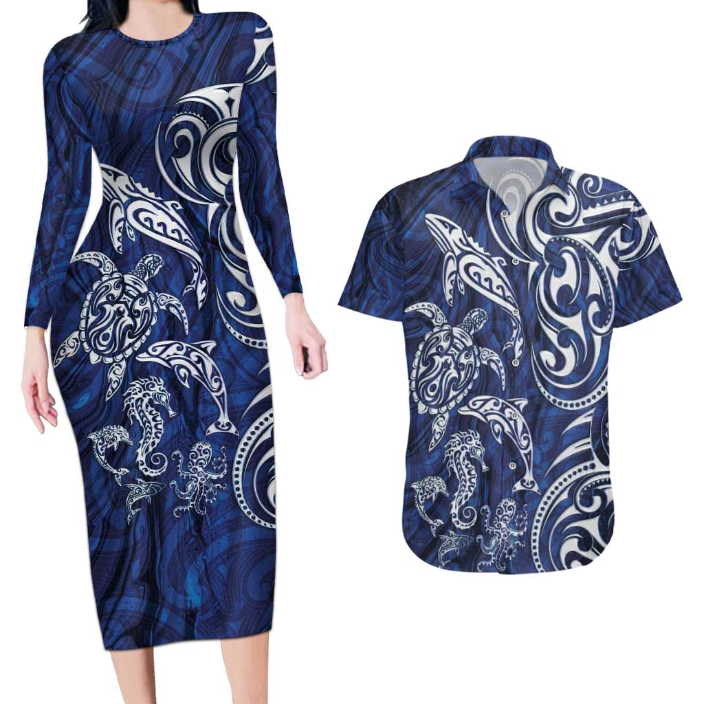 New Zealand Connecting with Seas Couples Matching Long Sleeve Bodycon Dress and Hawaiian Shirt Maori Tribal and Sea Animals Tattoo - White Glass Style