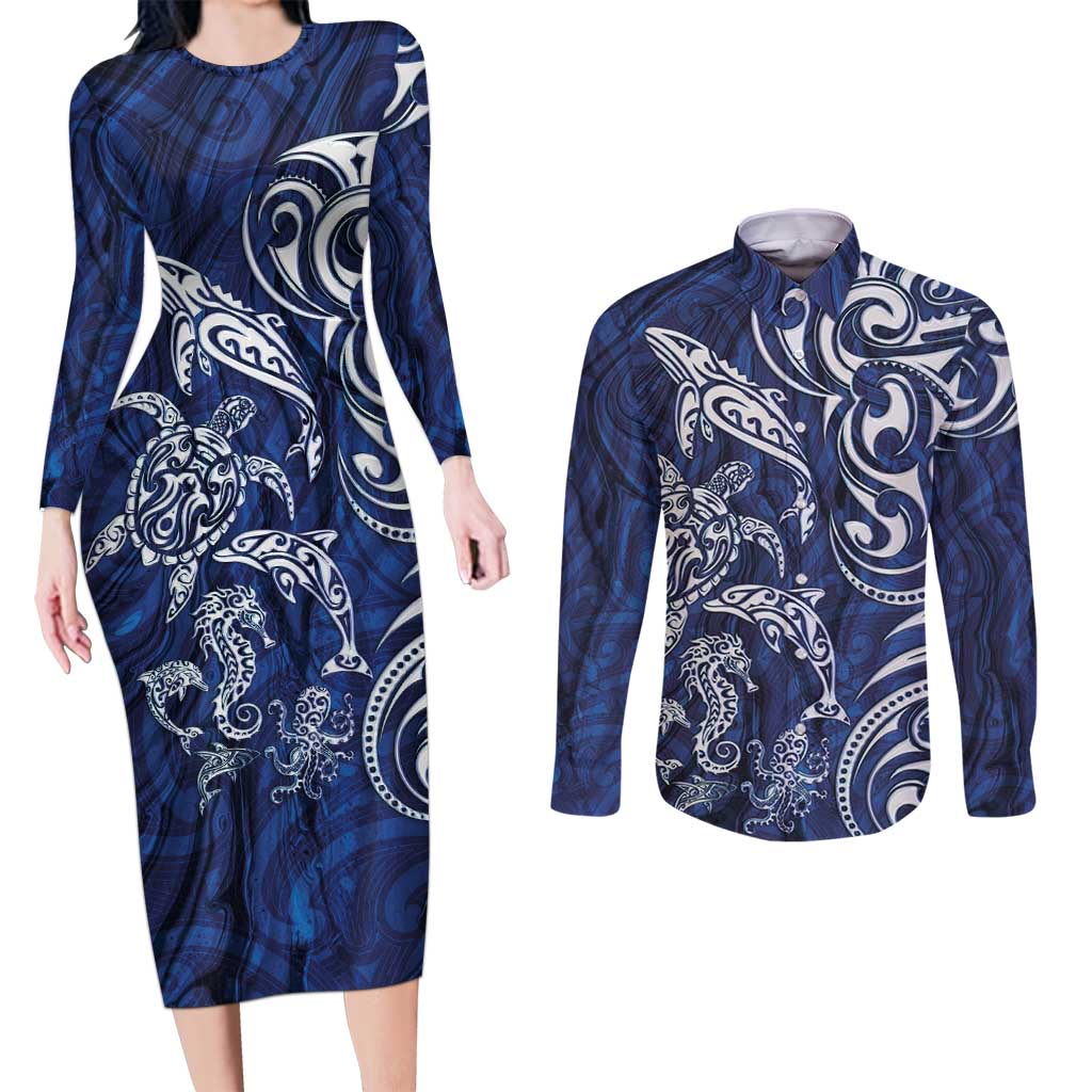New Zealand Connecting with Seas Couples Matching Long Sleeve Bodycon Dress and Long Sleeve Button Shirt Maori Tribal and Sea Animals Tattoo - White Glass Style