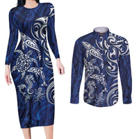 New Zealand Connecting with Seas Couples Matching Long Sleeve Bodycon Dress and Long Sleeve Button Shirt Maori Tribal and Sea Animals Tattoo - White Glass Style