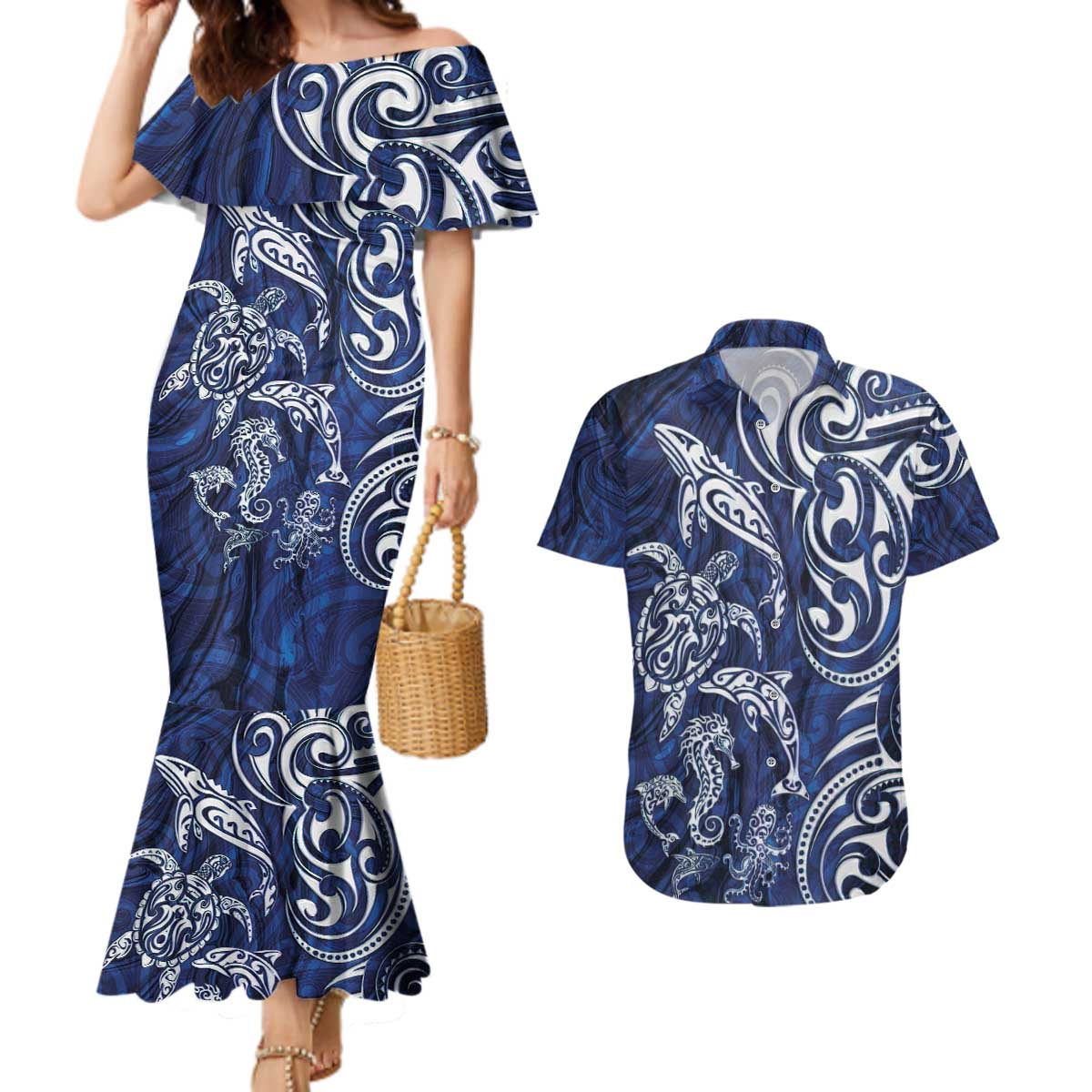 New Zealand Connecting with Seas Couples Matching Mermaid Dress and Hawaiian Shirt Maori Tribal and Sea Animals Tattoo - White Glass Style