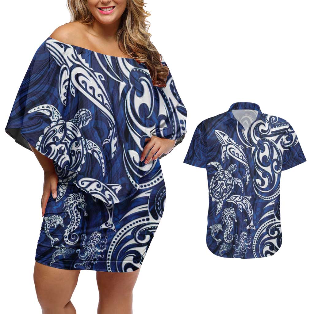 New Zealand Connecting with Seas Couples Matching Off Shoulder Short Dress and Hawaiian Shirt Maori Tribal and Sea Animals Tattoo - White Glass Style LT03 Navy - Polynesian Pride