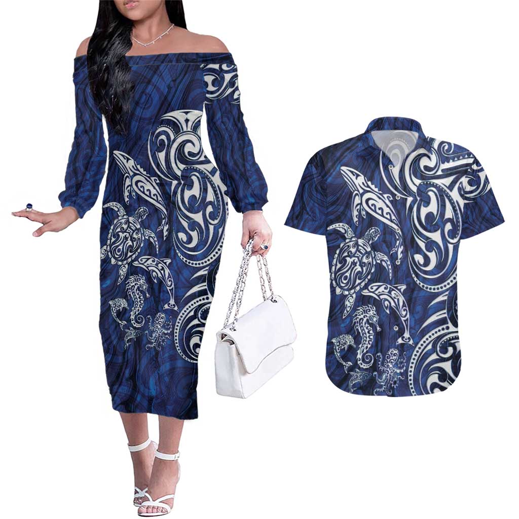 New Zealand Connecting with Seas Couples Matching Off The Shoulder Long Sleeve Dress and Hawaiian Shirt Maori Tribal and Sea Animals Tattoo - White Glass Style