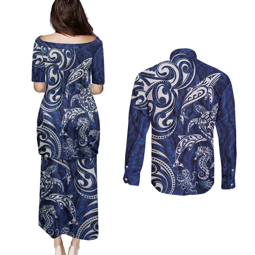 New Zealand Connecting with Seas Couples Matching Puletasi and Long Sleeve Button Shirt Maori Tribal and Sea Animals Tattoo - White Glass Style