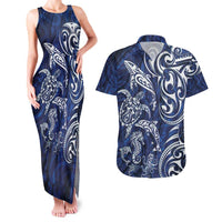 New Zealand Connecting with Seas Couples Matching Tank Maxi Dress and Hawaiian Shirt Maori Tribal and Sea Animals Tattoo - White Glass Style LT03 Navy - Polynesian Pride