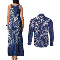 New Zealand Connecting with Seas Couples Matching Tank Maxi Dress and Long Sleeve Button Shirt Maori Tribal and Sea Animals Tattoo - White Glass Style