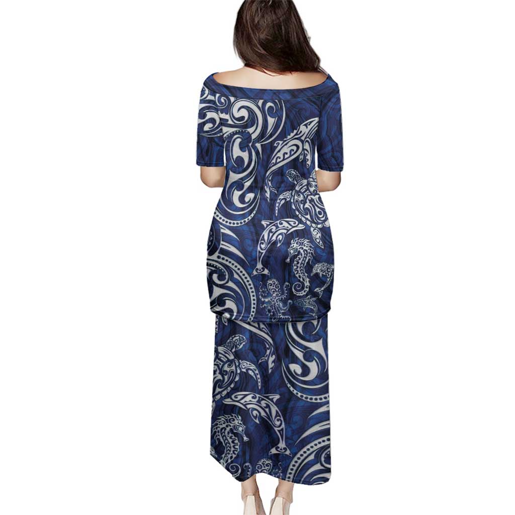 New Zealand Connecting with Seas Family Matching Puletasi and Hawaiian Shirt Maori Tribal and Sea Animals Tattoo - White Glass Style