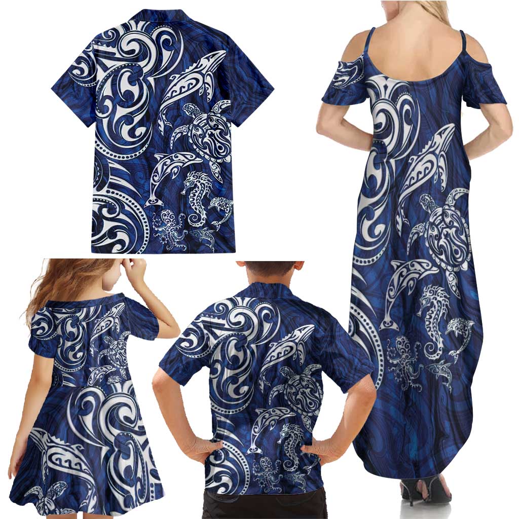 New Zealand Connecting with Seas Family Matching Summer Maxi Dress and Hawaiian Shirt Maori Tribal and Sea Animals Tattoo - White Glass Style