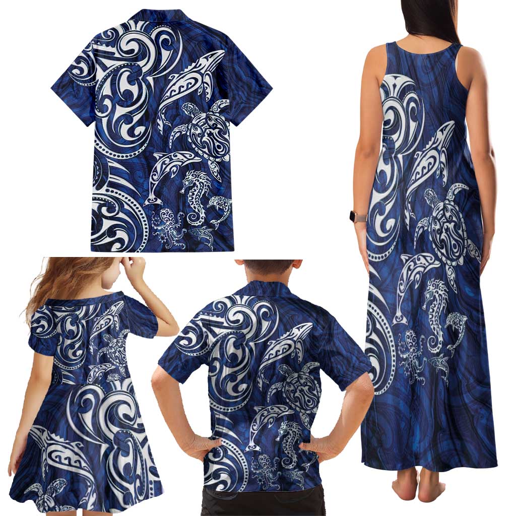 New Zealand Connecting with Seas Family Matching Tank Maxi Dress and Hawaiian Shirt Maori Tribal and Sea Animals Tattoo - White Glass Style