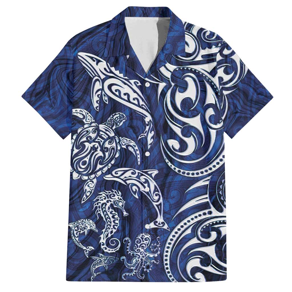 New Zealand Connecting with Seas Family Matching Tank Maxi Dress and Hawaiian Shirt Maori Tribal and Sea Animals Tattoo - White Glass Style