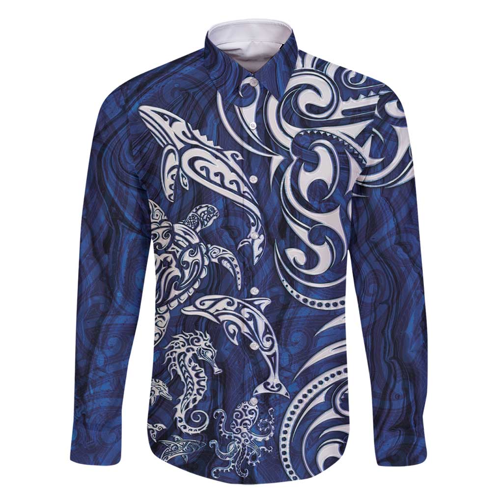 New Zealand Connecting with Seas Family Matching Tank Maxi Dress and Hawaiian Shirt Maori Tribal and Sea Animals Tattoo - White Glass Style