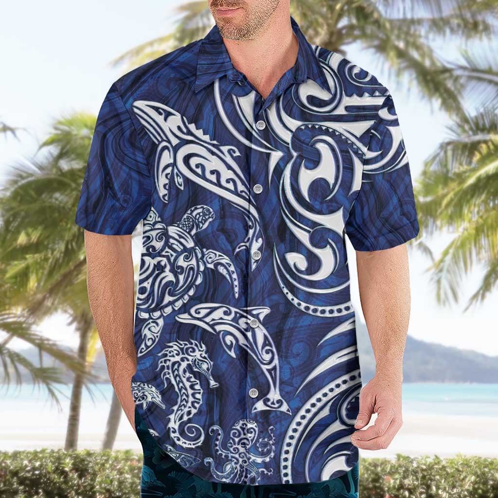 New Zealand Connecting with Seas Hawaiian Shirt Maori Tribal and Sea Animals Tattoo - White Glass Style