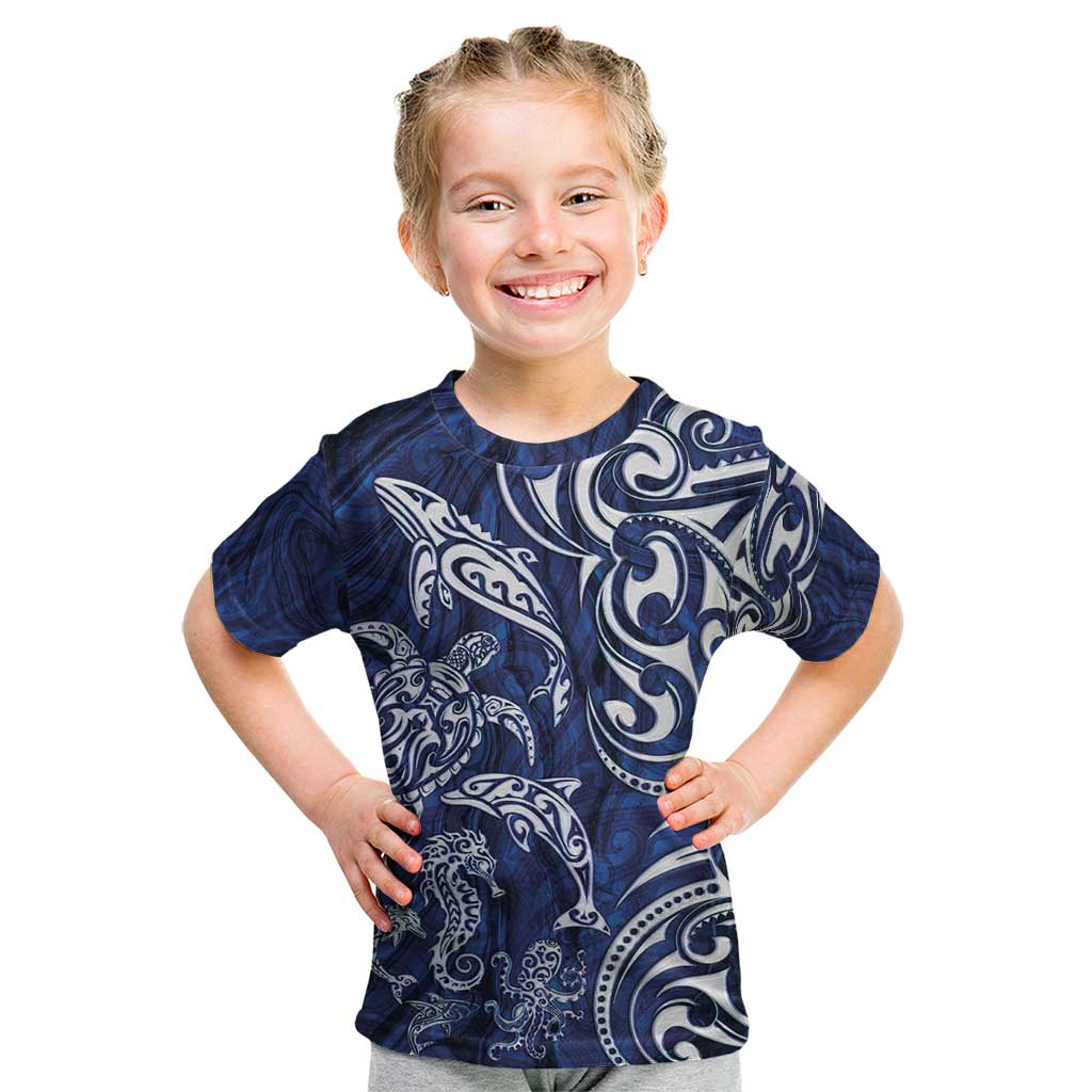 New Zealand Connecting with Seas Kid T Shirt Maori Tribal and Sea Animals Tattoo - White Glass Style
