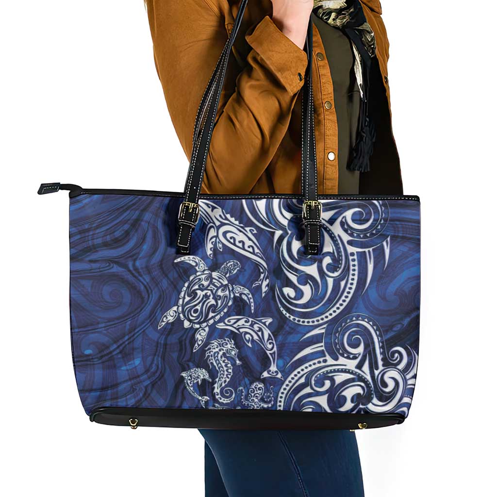 New Zealand Connecting with Seas Leather Tote Bag Maori Tribal and Sea Animals Tattoo - White Glass Style