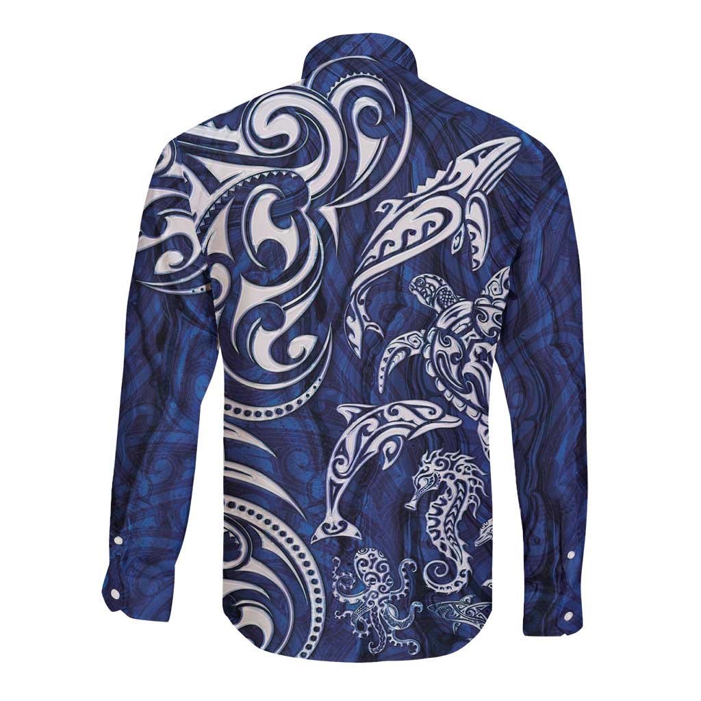 New Zealand Connecting with Seas Long Sleeve Button Shirt Maori Tribal and Sea Animals Tattoo - White Glass Style