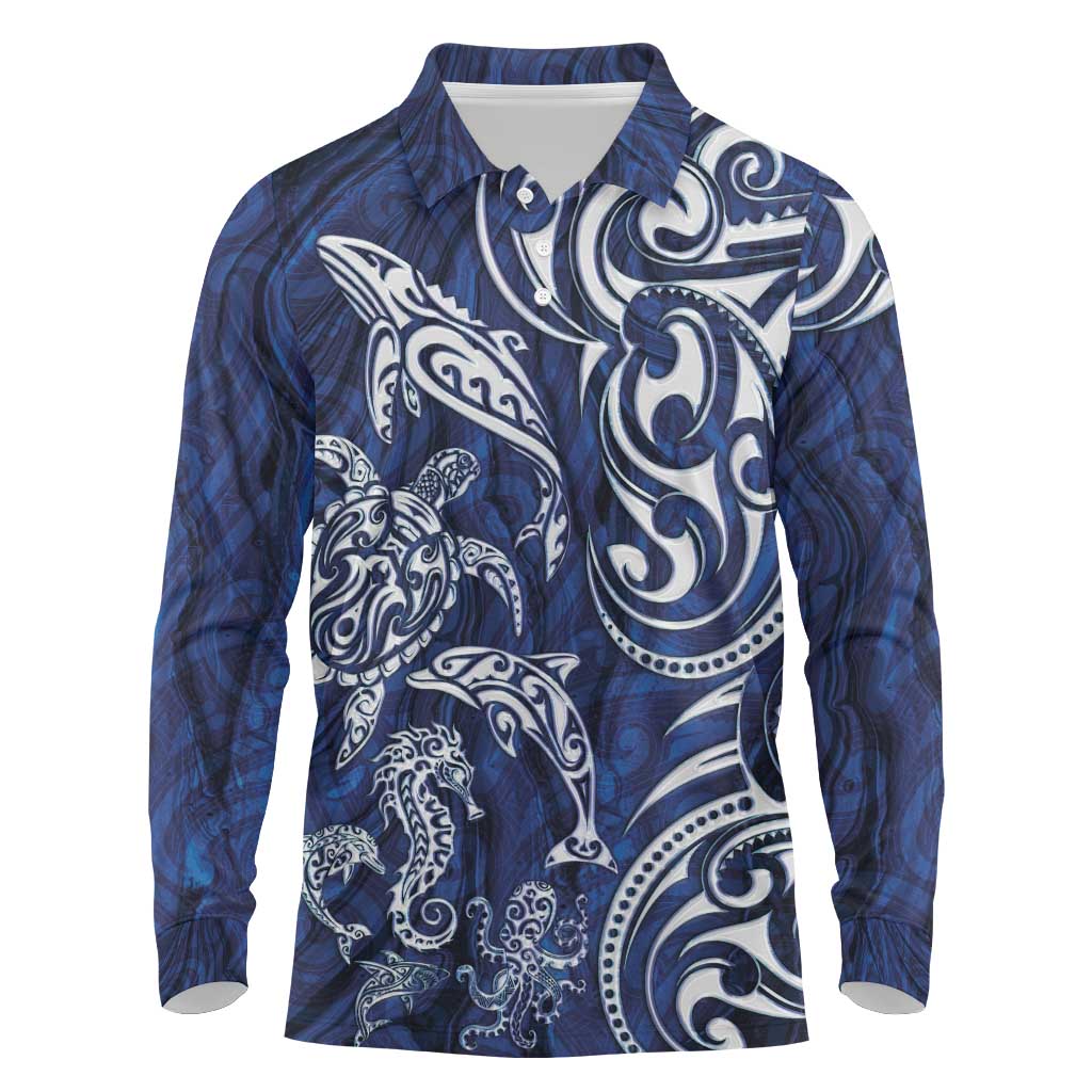 New Zealand Connecting with Seas Long Sleeve Polo Shirt Maori Tribal and Sea Animals Tattoo - White Glass Style