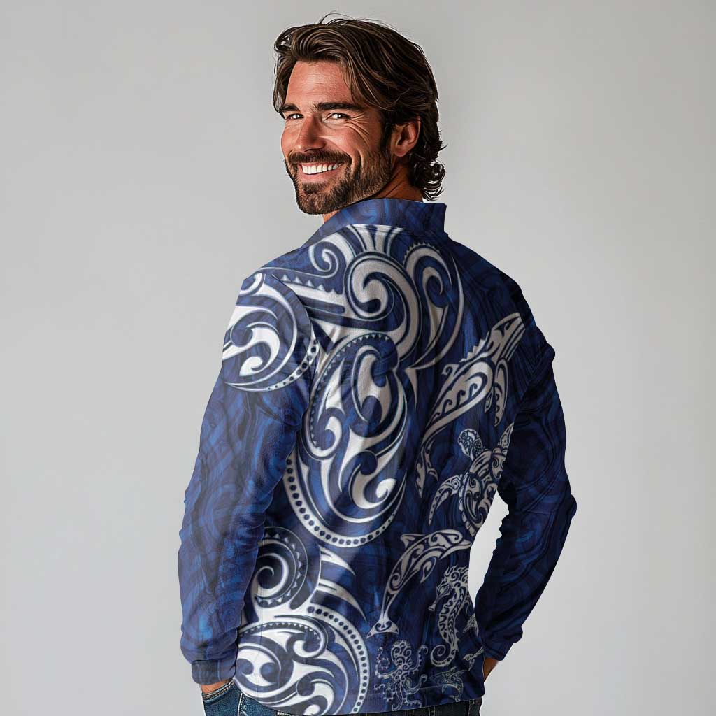 New Zealand Connecting with Seas Long Sleeve Polo Shirt Maori Tribal and Sea Animals Tattoo - White Glass Style