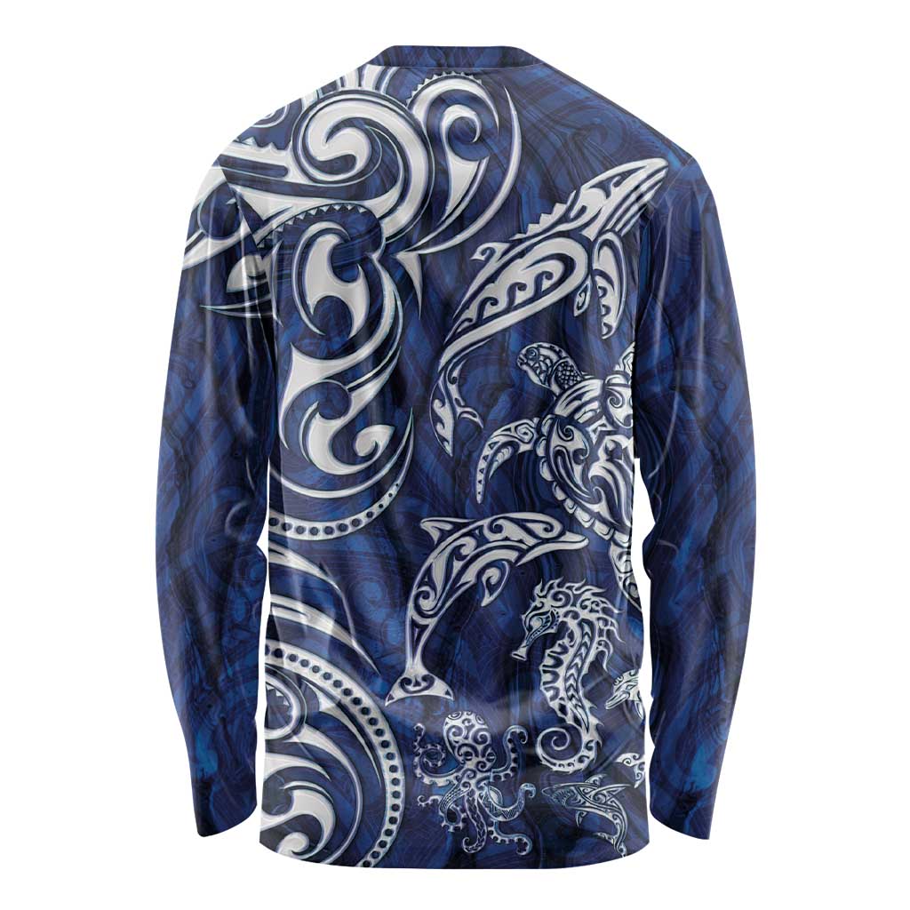 New Zealand Connecting with Seas Long Sleeve Shirt Maori Tribal and Sea Animals Tattoo - White Glass Style