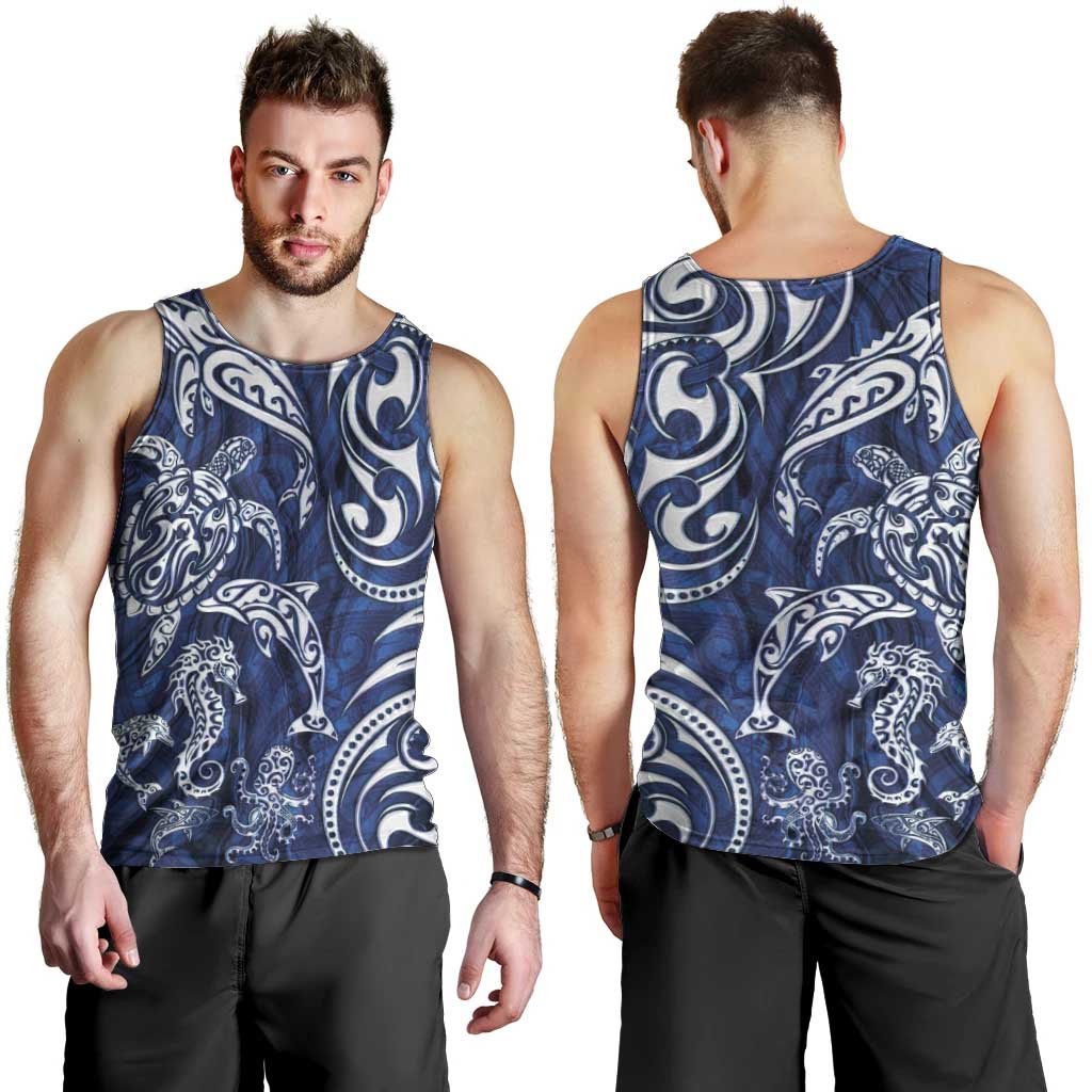 New Zealand Connecting with Seas Men Tank Top Maori Tribal and Sea Animals Tattoo - White Glass Style