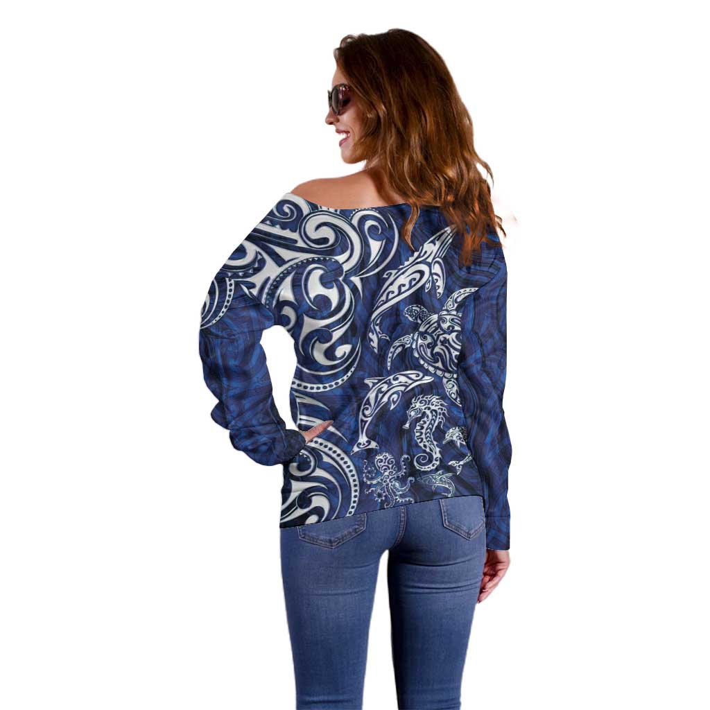 New Zealand Connecting with Seas Off Shoulder Sweater Maori Tribal and Sea Animals Tattoo - White Glass Style