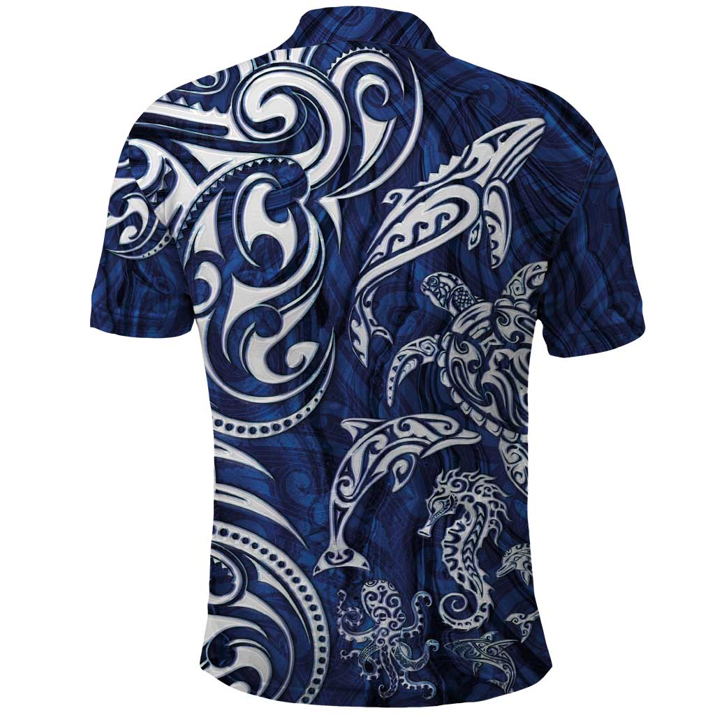 New Zealand Connecting with Seas Polo Shirt Maori Tribal and Sea Animals Tattoo - White Glass Style