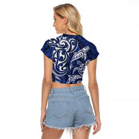 New Zealand Connecting with Seas Raglan Cropped T Shirt Maori Tribal and Sea Animals Tattoo - White Glass Style