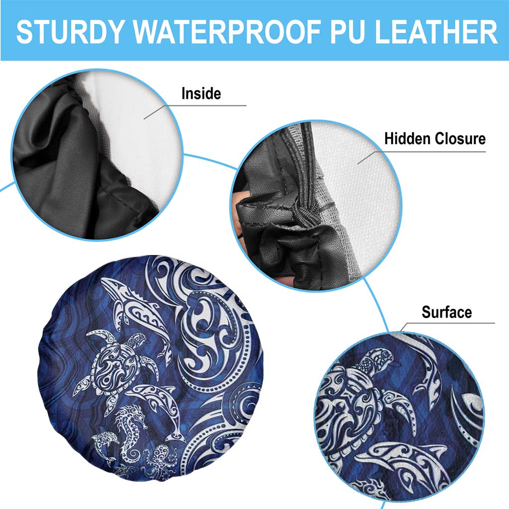 New Zealand Connecting with Seas Spare Tire Cover Maori Tribal and Sea Animals Tattoo - White Glass Style