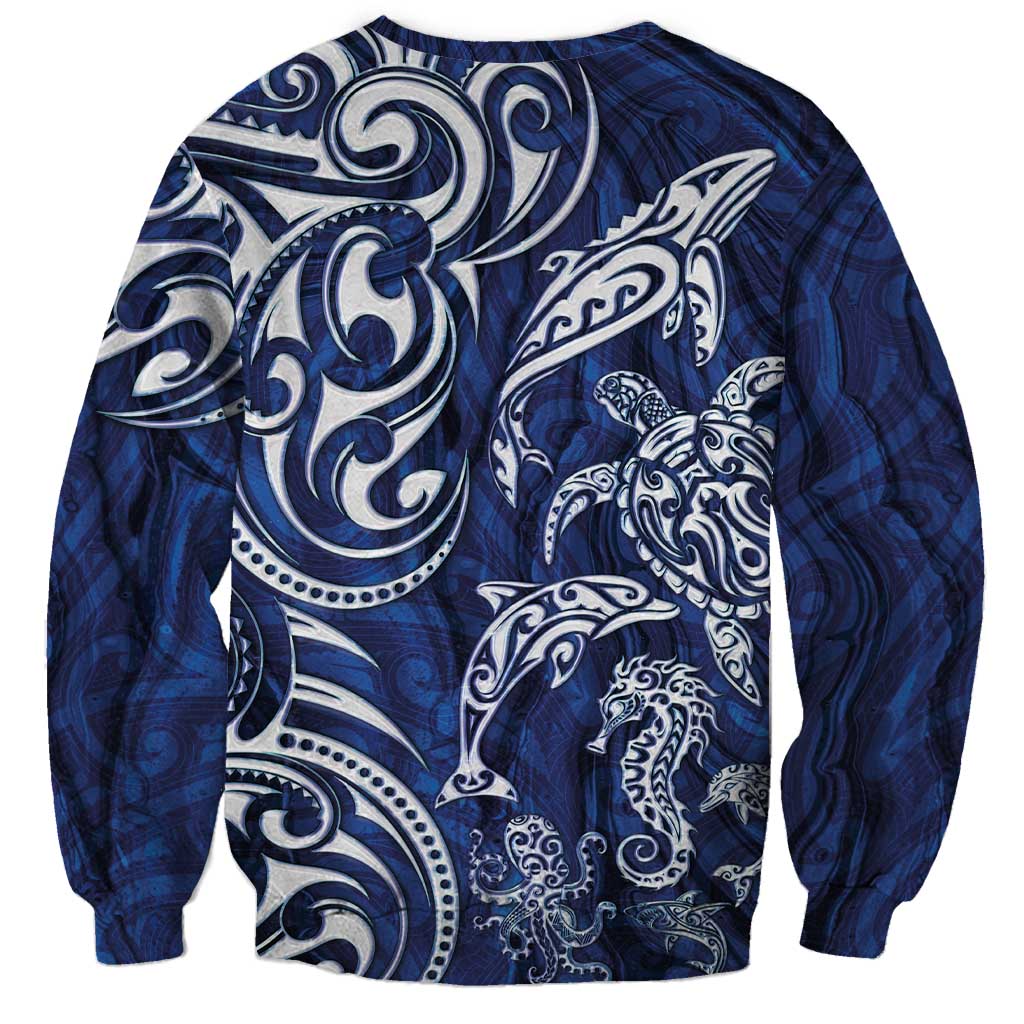 New Zealand Connecting with Seas Sweatshirt Maori Tribal and Sea Animals Tattoo - White Glass Style