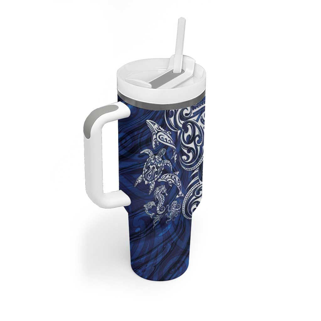 New Zealand Connecting with Seas Tumbler With Handle Maori Tribal and Sea Animals Tattoo - White Glass Style