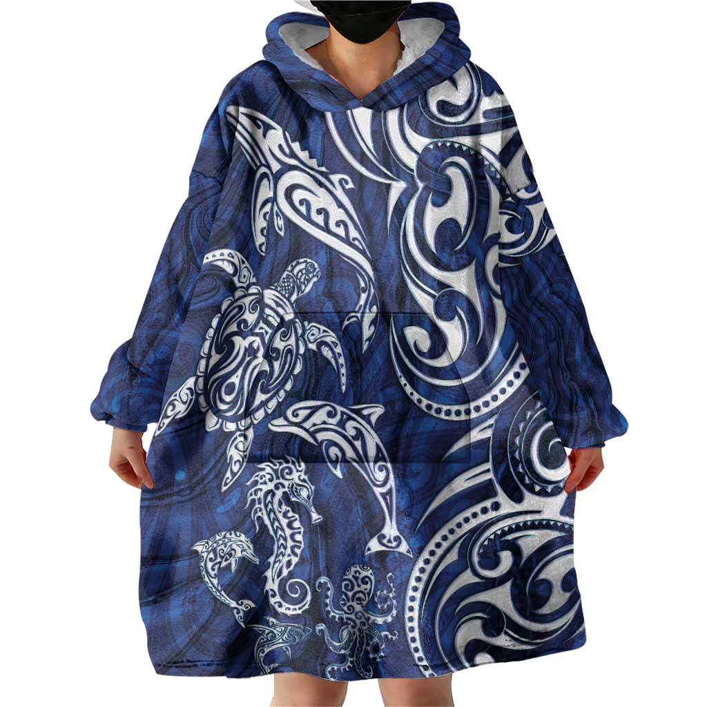 New Zealand Connecting with Seas Wearable Blanket Hoodie Maori Tribal and Sea Animals Tattoo - White Glass Style