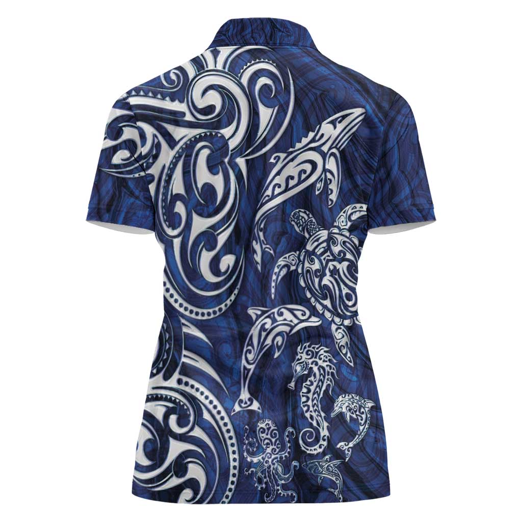 New Zealand Connecting with Seas Women Polo Shirt Maori Tribal and Sea Animals Tattoo - White Glass Style