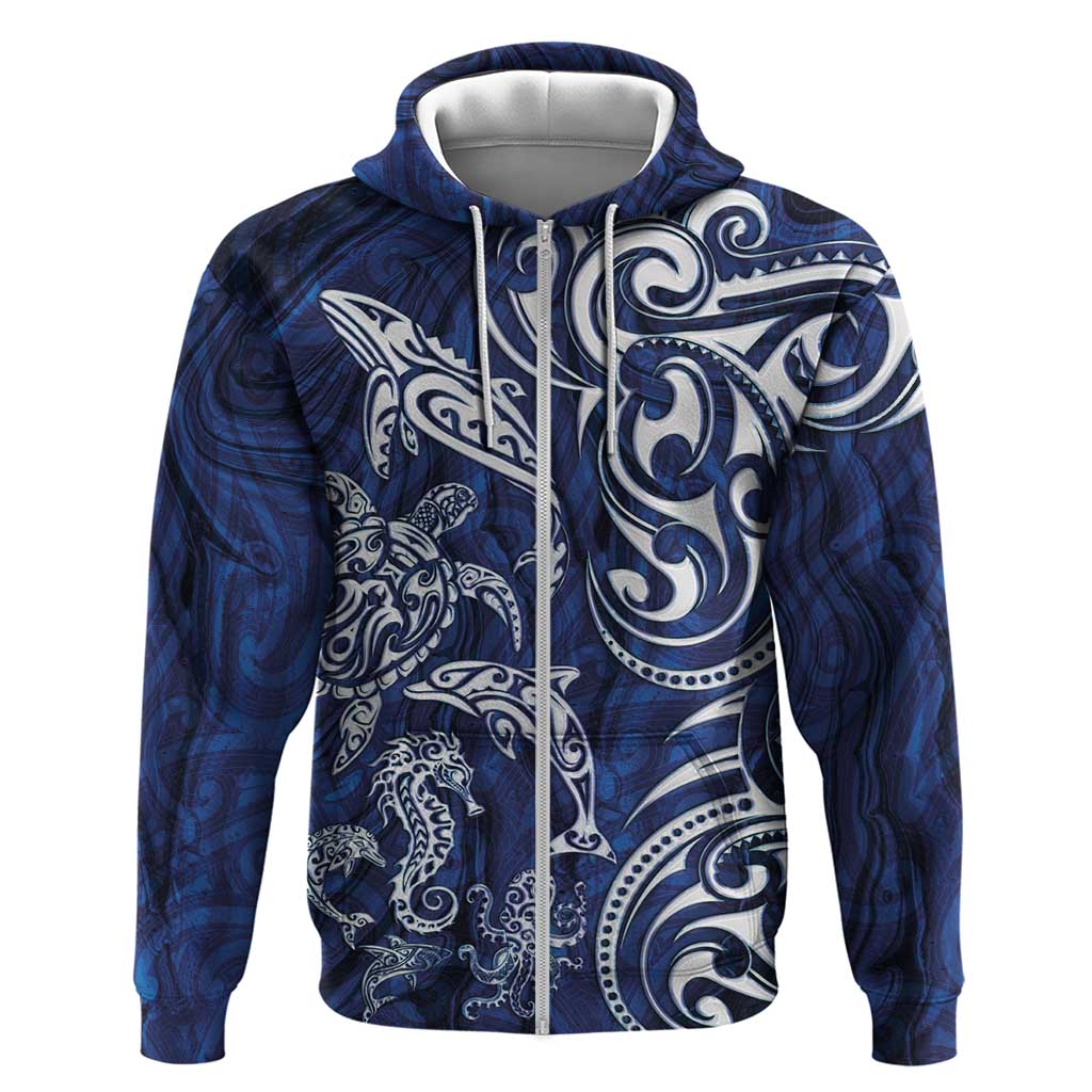 New Zealand Connecting with Seas Zip Hoodie Maori Tribal and Sea Animals Tattoo - White Glass Style