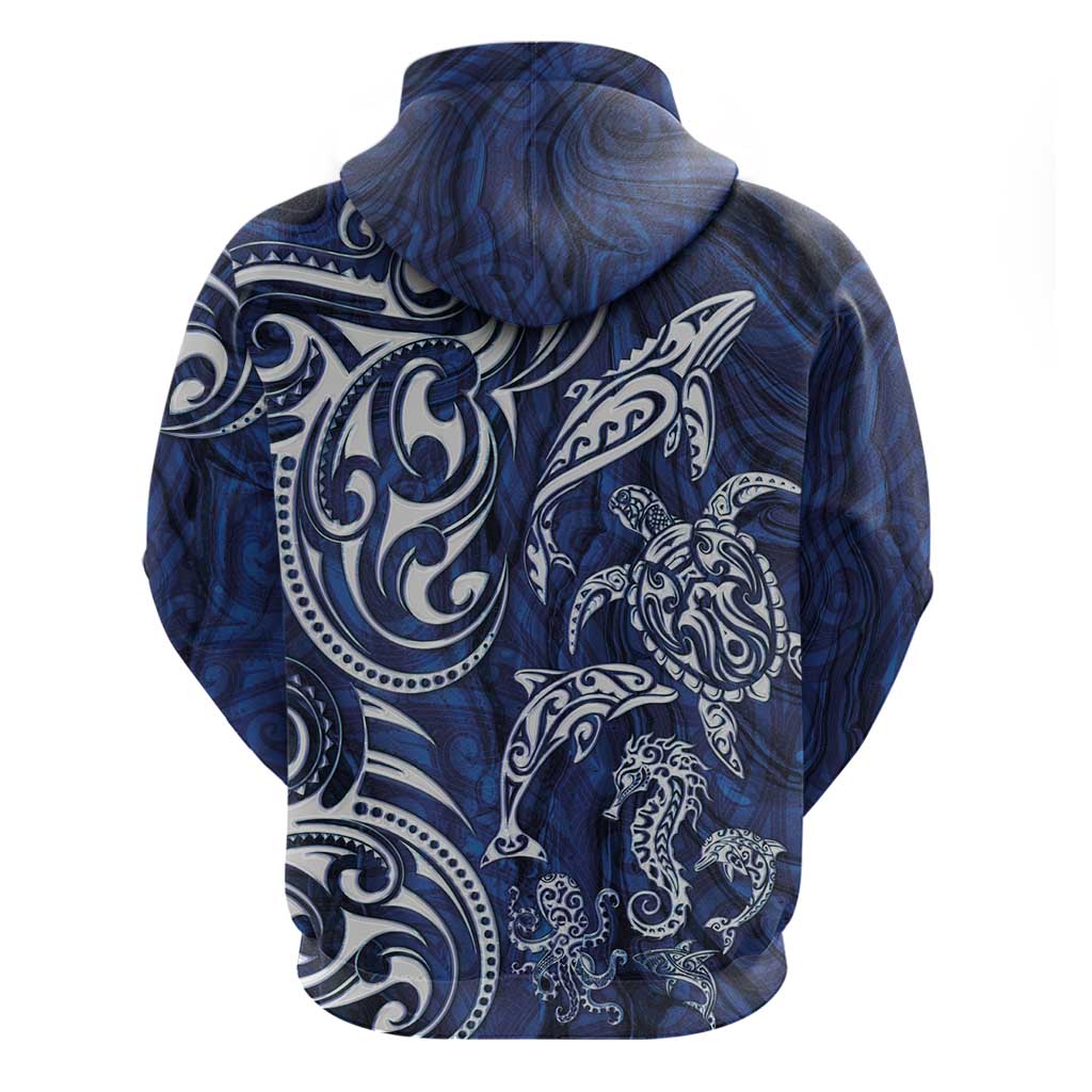 New Zealand Connecting with Seas Zip Hoodie Maori Tribal and Sea Animals Tattoo - White Glass Style