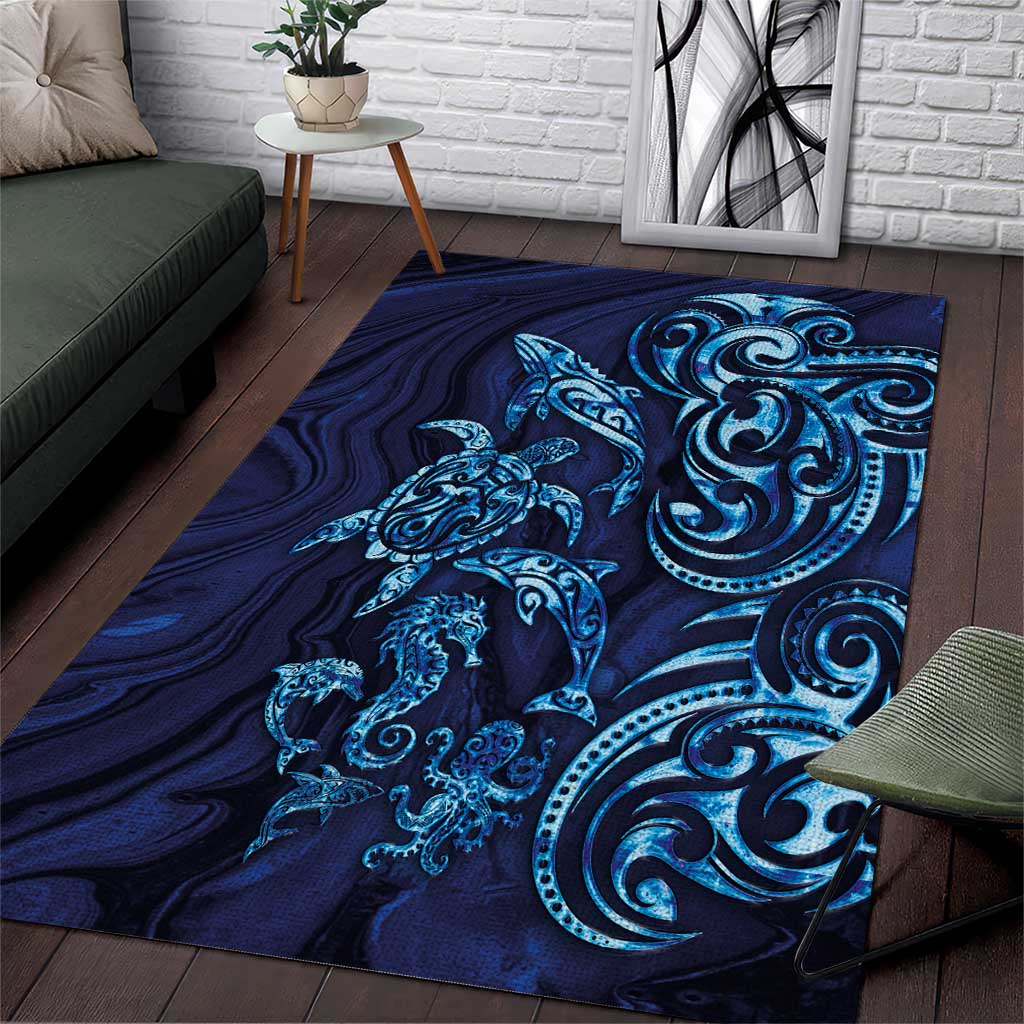 New Zealand Connecting with Seas Area Rug Maori Tribal and Sea Animals Tattoo - Sea Texture Glass Style