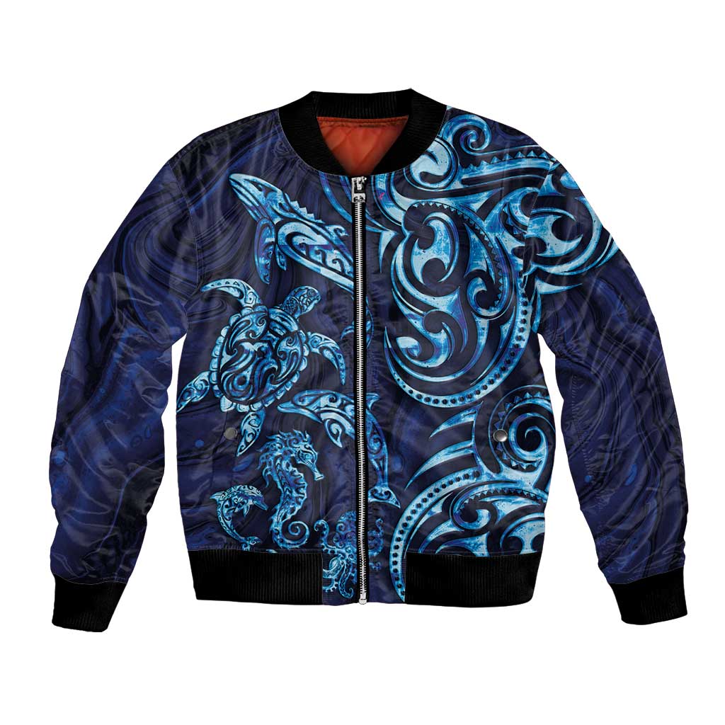 New Zealand Connecting with Seas Bomber Jacket Maori Tribal and Sea Animals Tattoo - Sea Texture Glass Style