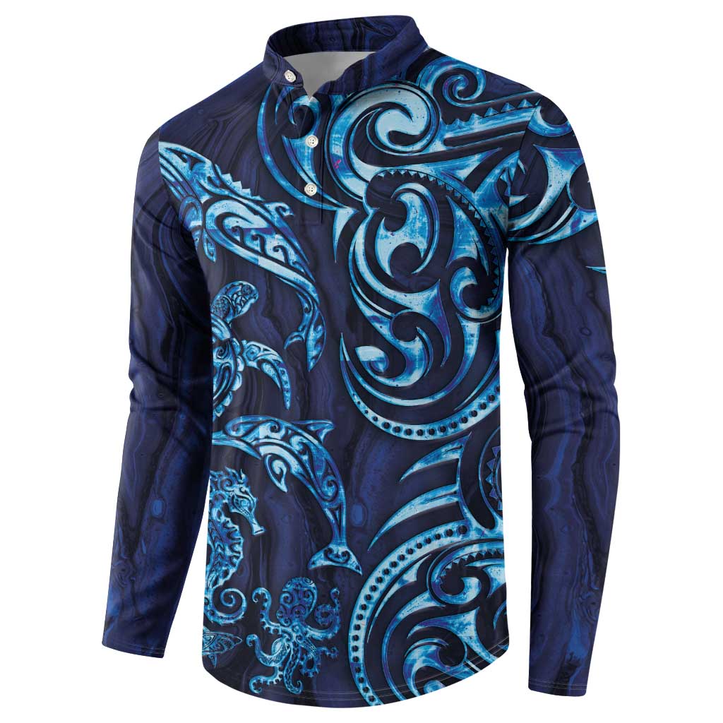 New Zealand Connecting with Seas Button Sweatshirt Maori Tribal and Sea Animals Tattoo - Sea Texture Glass Style