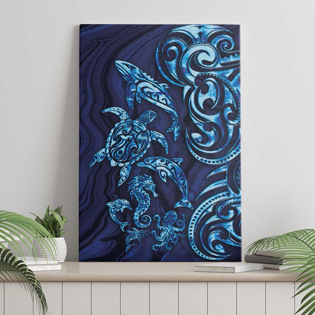 New Zealand Connecting with Seas Canvas Wall Art Maori Tribal and Sea Animals Tattoo - Sea Texture Glass Style