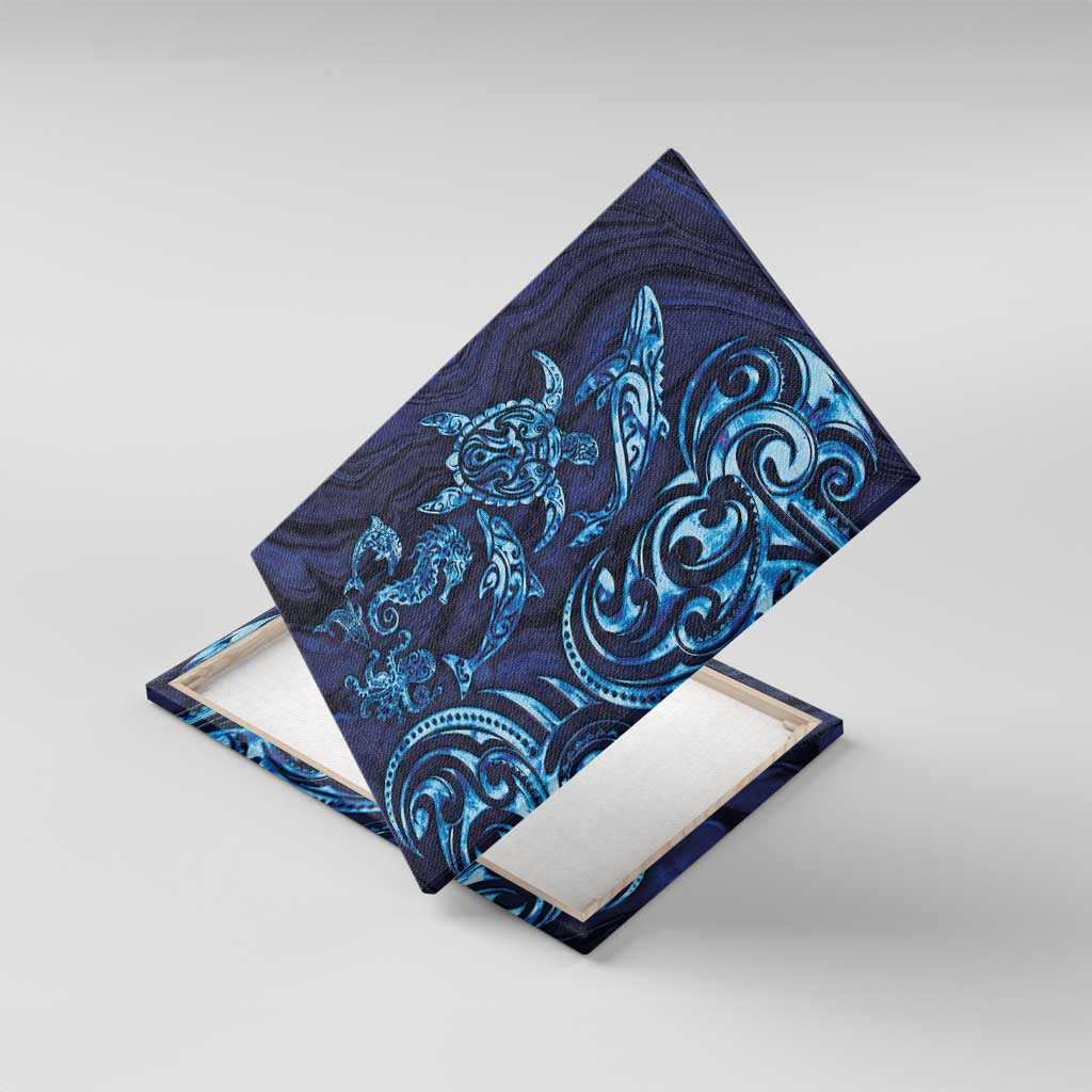 New Zealand Connecting with Seas Canvas Wall Art Maori Tribal and Sea Animals Tattoo - Sea Texture Glass Style
