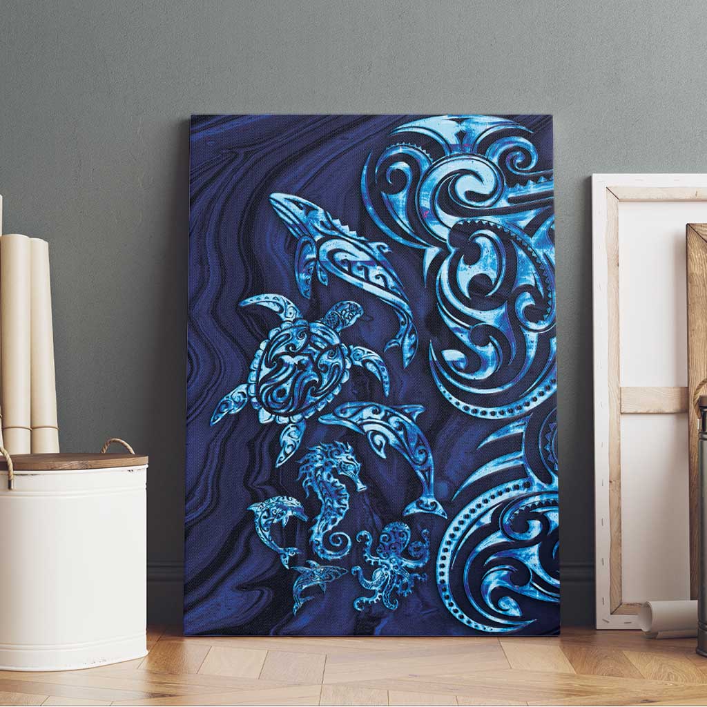 New Zealand Connecting with Seas Canvas Wall Art Maori Tribal and Sea Animals Tattoo - Sea Texture Glass Style