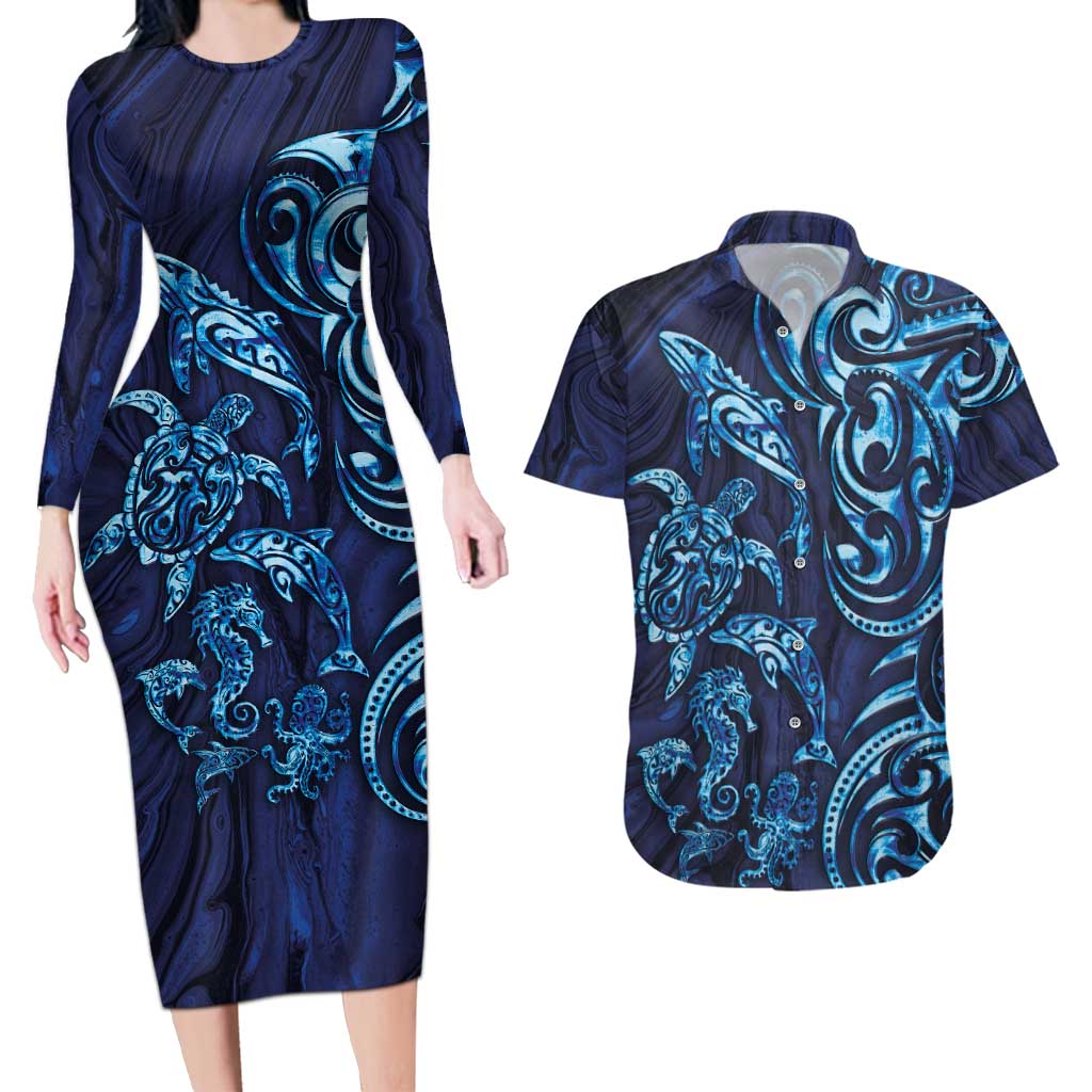 New Zealand Connecting with Seas Couples Matching Long Sleeve Bodycon Dress and Hawaiian Shirt Maori Tribal and Sea Animals Tattoo - Sea Texture Glass Style