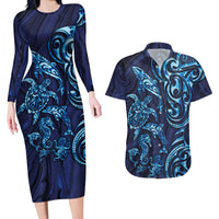 New Zealand Connecting with Seas Couples Matching Long Sleeve Bodycon Dress and Hawaiian Shirt Maori Tribal and Sea Animals Tattoo - Sea Texture Glass Style