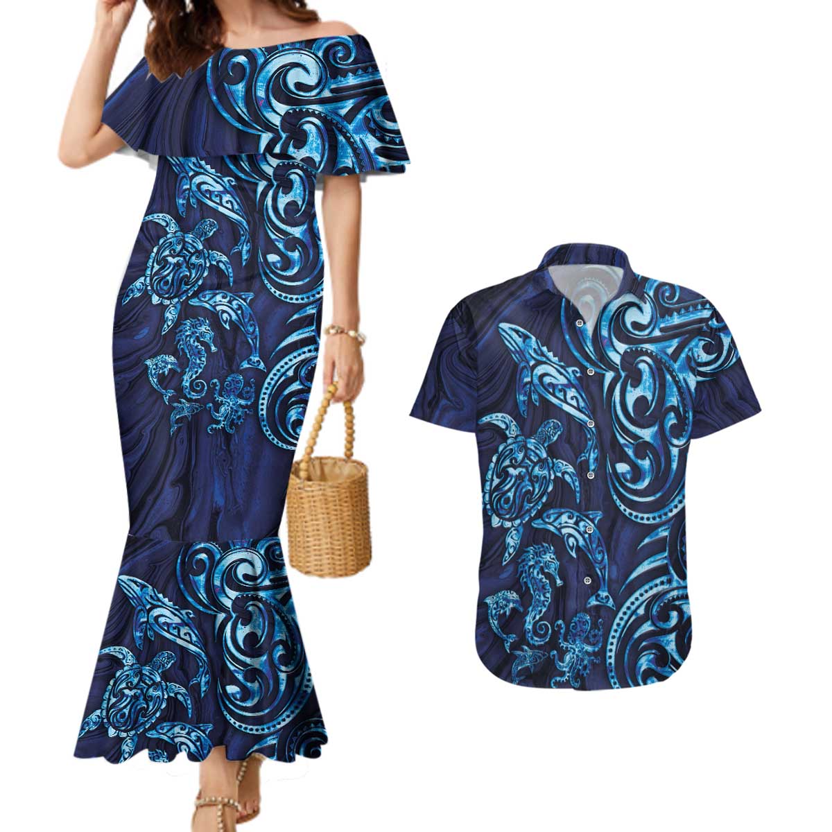 New Zealand Connecting with Seas Couples Matching Mermaid Dress and Hawaiian Shirt Maori Tribal and Sea Animals Tattoo - Sea Texture Glass Style