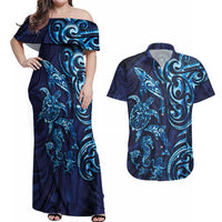 New Zealand Connecting with Seas Couples Matching Off Shoulder Maxi Dress and Hawaiian Shirt Maori Tribal and Sea Animals Tattoo - Sea Texture Glass Style LT03 Navy - Polynesian Pride