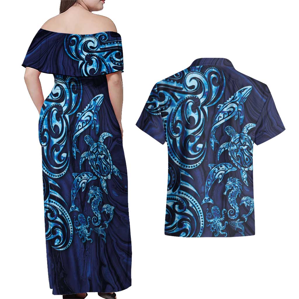 New Zealand Connecting with Seas Couples Matching Off Shoulder Maxi Dress and Hawaiian Shirt Maori Tribal and Sea Animals Tattoo - Sea Texture Glass Style LT03 - Polynesian Pride