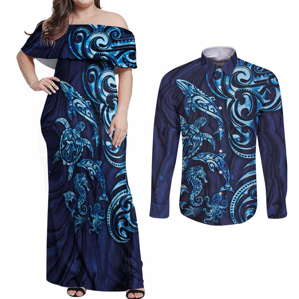 New Zealand Connecting with Seas Couples Matching Off Shoulder Maxi Dress and Long Sleeve Button Shirt Maori Tribal and Sea Animals Tattoo - Sea Texture Glass Style