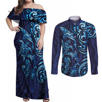 New Zealand Connecting with Seas Couples Matching Off Shoulder Maxi Dress and Long Sleeve Button Shirt Maori Tribal and Sea Animals Tattoo - Sea Texture Glass Style