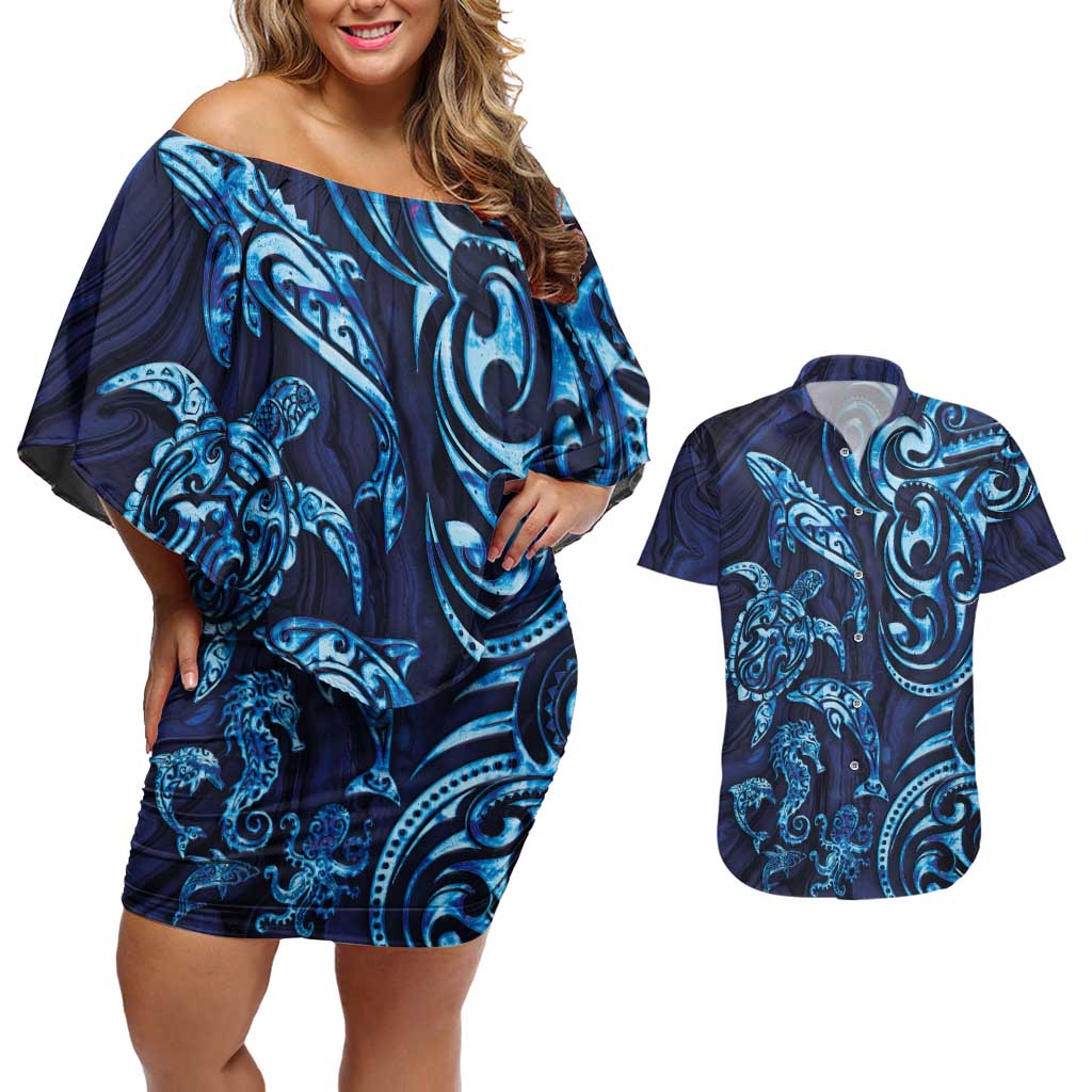New Zealand Connecting with Seas Couples Matching Off Shoulder Short Dress and Hawaiian Shirt Maori Tribal and Sea Animals Tattoo - Sea Texture Glass Style LT03 Navy - Polynesian Pride