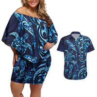 New Zealand Connecting with Seas Couples Matching Off Shoulder Short Dress and Hawaiian Shirt Maori Tribal and Sea Animals Tattoo - Sea Texture Glass Style LT03 Navy - Polynesian Pride