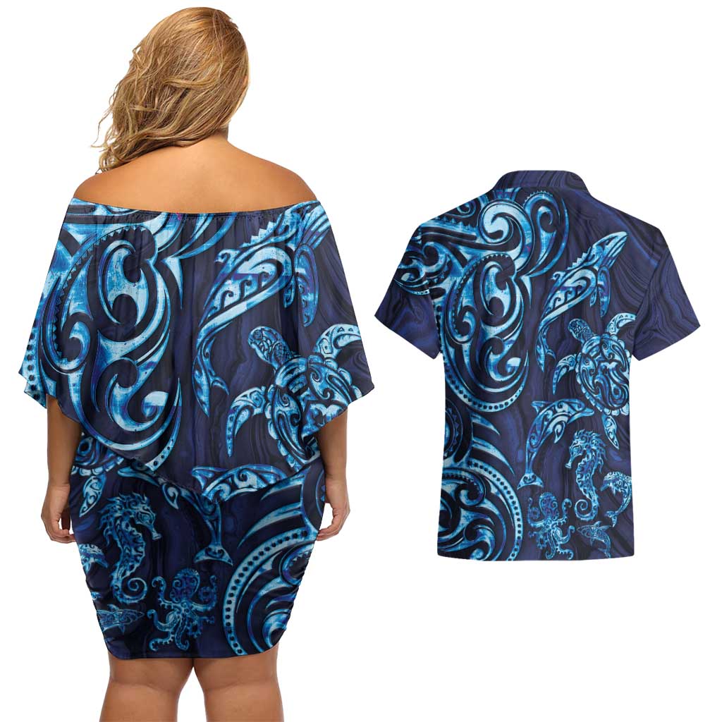 New Zealand Connecting with Seas Couples Matching Off Shoulder Short Dress and Hawaiian Shirt Maori Tribal and Sea Animals Tattoo - Sea Texture Glass Style LT03 - Polynesian Pride
