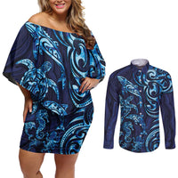 New Zealand Connecting with Seas Couples Matching Off Shoulder Short Dress and Long Sleeve Button Shirt Maori Tribal and Sea Animals Tattoo - Sea Texture Glass Style